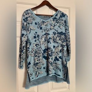SOFT SURROUNDINGS Blue‎ Floral V Neck A Line Tunic Sweater Top Small Plus Boho
